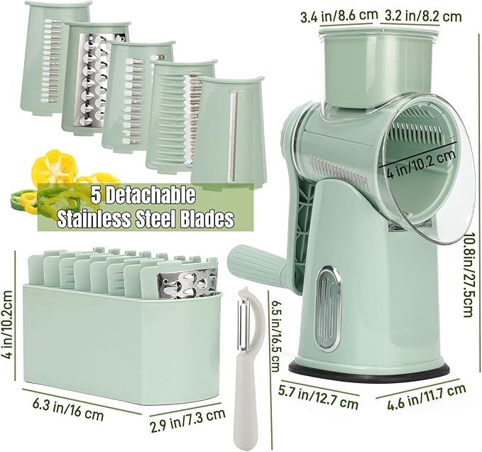 CHDEXU Rotary Cheese Grater with Handle, Manual Vegetable Slicer Grater with 5 Detachable Stainless Steel Blades, Round Grater Slicer Hand Crank Food Chopper for Kitchen with Blade Storage Box
