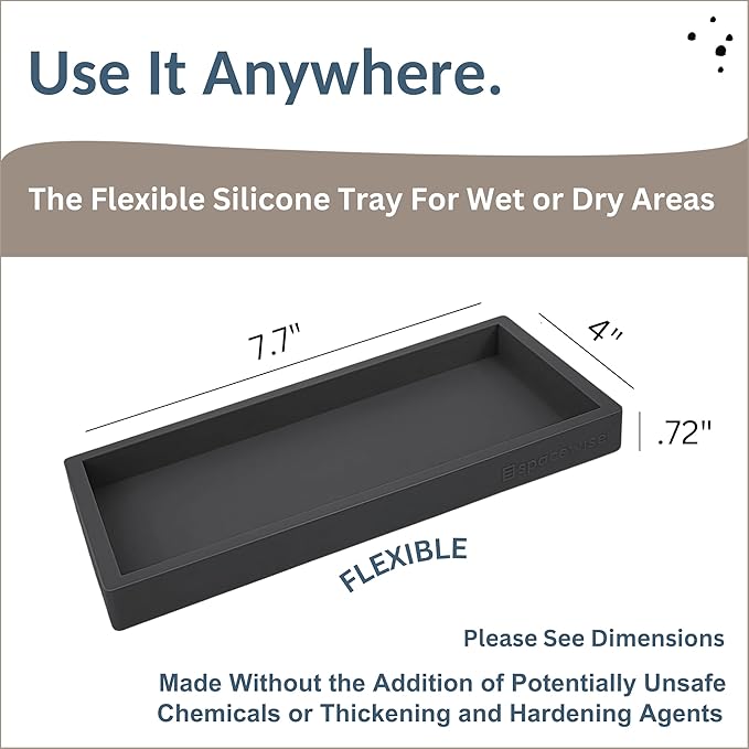 Spacewiser Countertop and Vanity Tray – Small 7.7” Silicone Tray, Soap Dispenser Trays, Bathroom Trays, Kitchen Soap Holder Sink Organizer Counter Caddy for Soaps Bottle Keys, Sponge Holder Dish Black