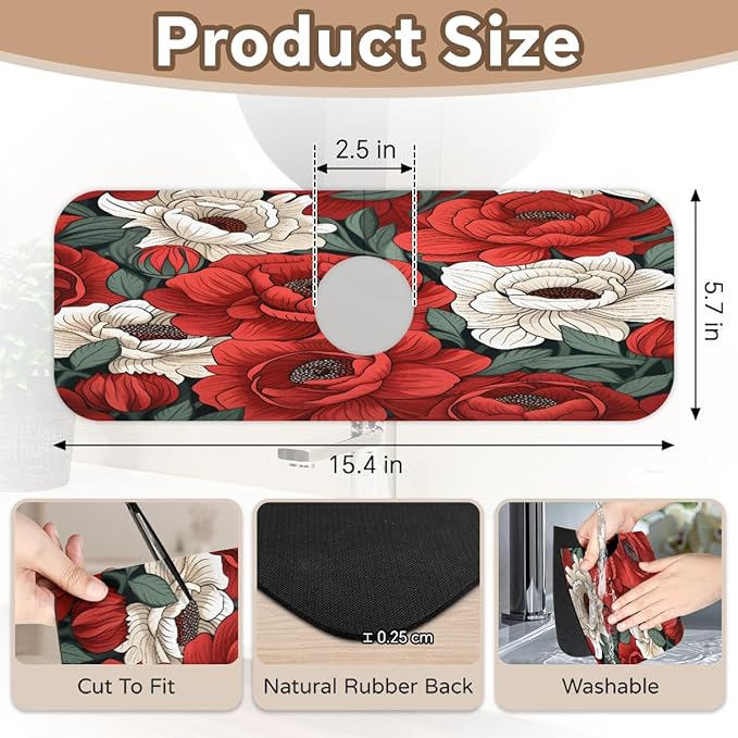 Red And White Roses Kitchen Faucet Mat Splash Guard, 15.4”x5.7” Absorbent Quick Drying Sink Mat for Countertop Protection, Draining Mat Sink Protectors For Kitchen Bathroom, 2 Pack