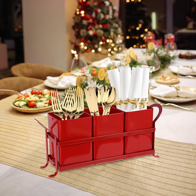 NelyBet Kitchen Utensil Holder for Countertop - Outdoor Silverware Caddy, Picnic and Camping Utensil Organizer, Flatware Holder for Party Gatherings, Metal and Durable Design (Red)