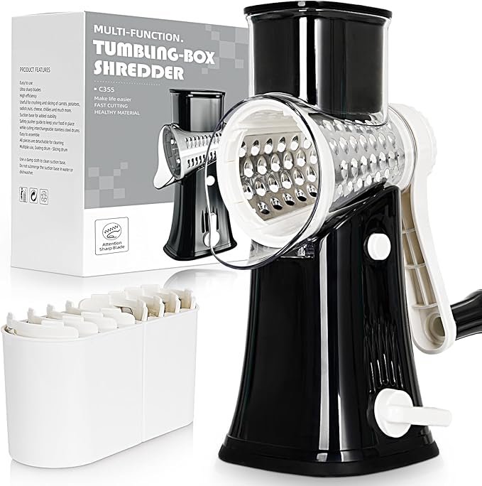 Nexsujo 5-in-1 Rotary Cheese Grater Hand Crank, Vegetable Slicer Shredder with 5 Interchangeable Blades, Graters for Kitchen, Safe Kitchen Tool for Cheese, Nuts, Chocolate, Black