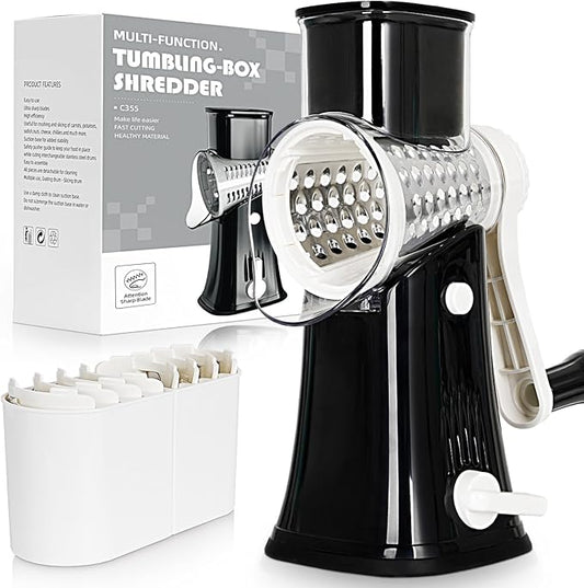 Nexsujo 5-in-1 Rotary Cheese Grater Hand Crank, Vegetable Slicer Shredder with 5 Interchangeable Blades, Graters for Kitchen, Safe Kitchen Tool for Cheese, Nuts, Chocolate, Black
