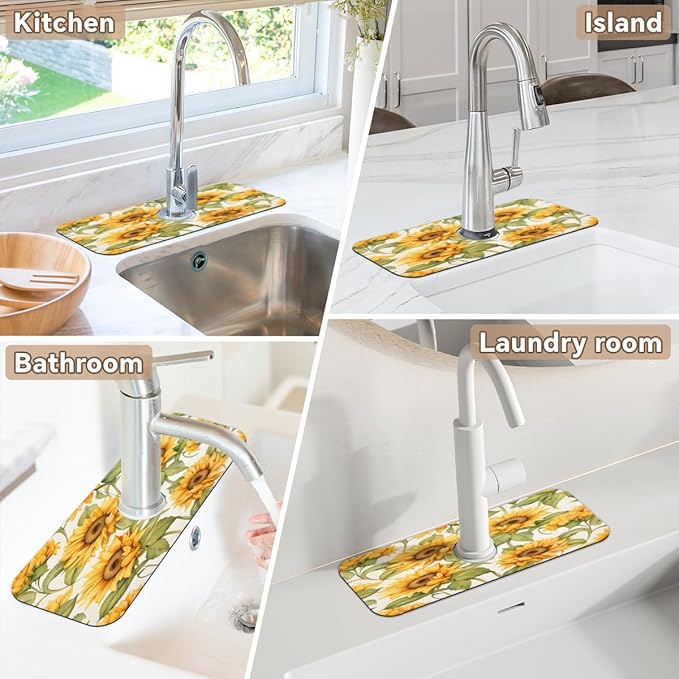 Sunflower Field Kitchen Faucet Mat Splash Guard, 15.4”x5.7” Absorbent Quick Drying Sink Mat for Countertop Protection, Draining Mat Sink Protectors For Kitchen Bathroom, 2 Pack
