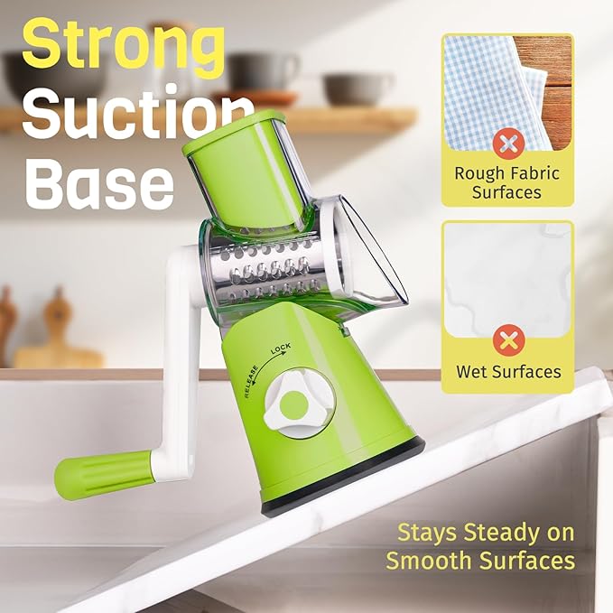 Nexsujo Rotary Cheese Grater Hand Crank, 3 Blades Slicer Shredder, Cheese Grater for Kitchen, Multi-Functional Kitchen Tool for Vegetables, Nuts, Chocolate, with Strong Suction Base, Green
