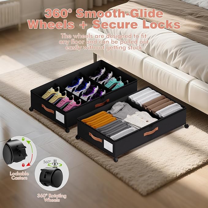 Under Bed Storage with Wheels - Rolling Underbed Containers with PVC Clear Lid & Dividers, 600D Oxford Fabric, PU Leather Handles, Adjustable Magic Tape Partition, XXL 66L,2 Pack (Black)