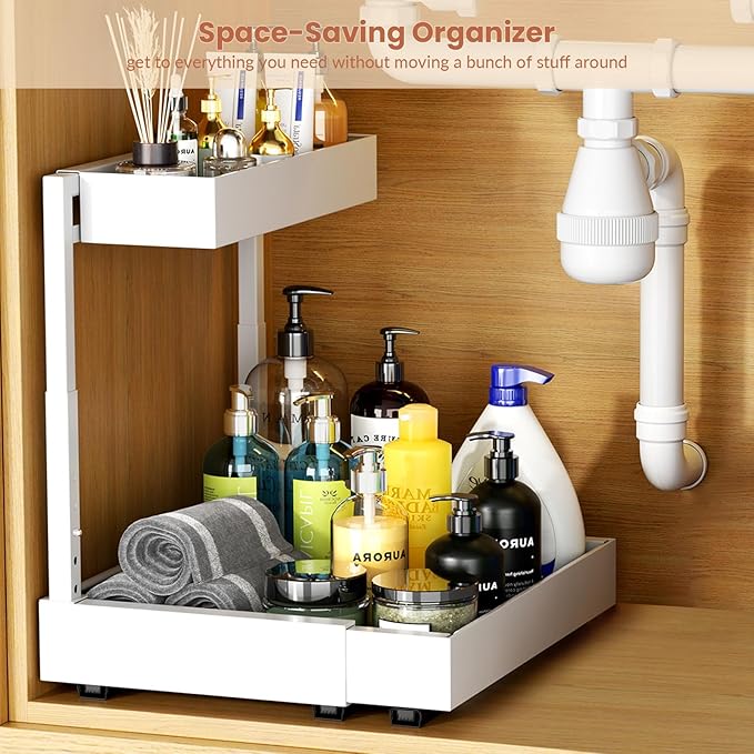 2 Tier Expandable Under Kitchen Sink Organizer, Adhesive Under Bathroom Organizer, Heights Adjustable Pull Out Storage for Kitchen Laundry (White, 16.3D x 12.2"-20.5" W x 14.4"-18.5" H)