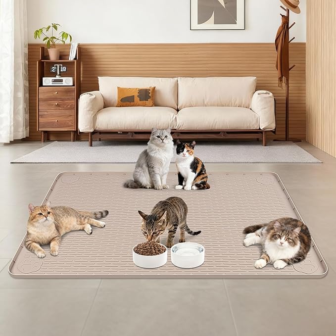 Lanstics Cat Food Mat, 40" x 28" Large Silicone Mat Cat Feeding Mat with Raised Edge Non-Slip Pet Feeding Mat for Food and Water Bowl, Easy to Clean, Floor Protection (Khaki)