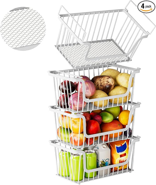 4 Pack Enhanced Leak-Proof Bottom Stackable Wire Baskets, Pantry Organizers and Storage, Pantry Storage，Shelf Baskets, Fruit Basket, Potato and Onion Storage Bins，(White)