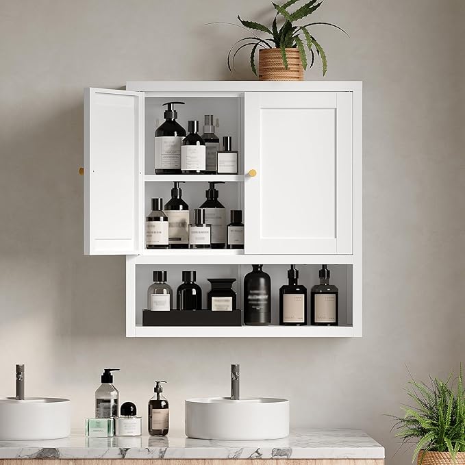 YAUWOH Metal Bathroom Storage Cabinet, Metal Storage Cabinet with 2 Adjustable Shelves & 2 Doors,Freestanding Sideboard for Small Spaces (White, Wall Cabinet-22.59" H)