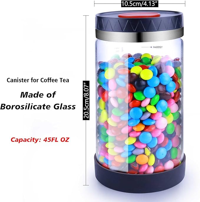 Airtight Coffee Canister – Top Push seal container, Thicker Borosilicate Glass Coffe Jar, Dishwasher-Safe Coffee Bean Storage Container for Ground Coffee & Tea, Sugar,45 Oz
