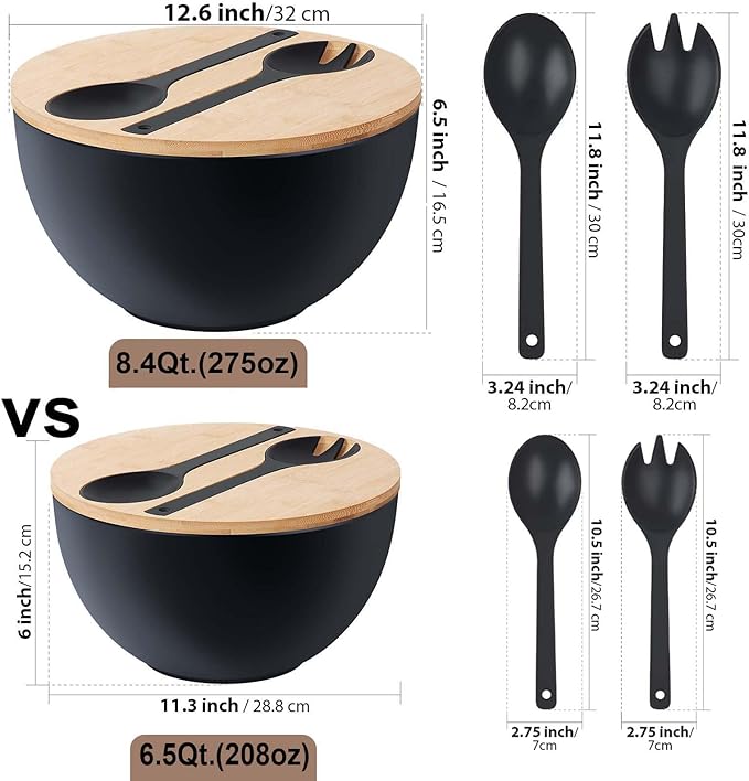 ECOHAGOU 12.6" Extra Large Salad Serving Bowl Set with Wooden Lid&Utensils, 8.4Qt., Bamboo Fiber Salad Bowl with Servers for Kitchen, Big Bowl for Mixing Salad,Fruit,Pasta (Matte Black)