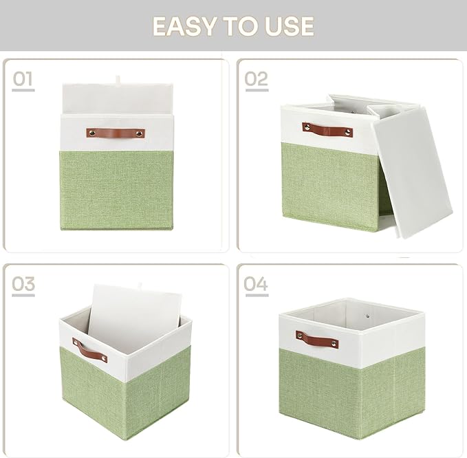 HNZIGE Fabric Storage Cubes for Shelves Set of 4,Storage Cubes Baskets 12 x12, Decorative Storage Bins Basket with Handles, Green Baskets for Organizing Home Nursery(Green White)