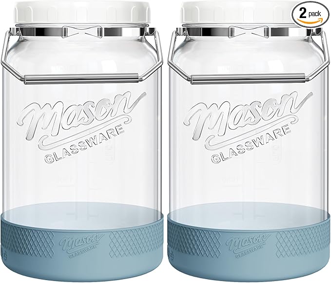 1 Gallon Glass Jar With Lid – 2 Pack Large Wide Mouth Mason Jars with BPA-free Airtight Lid, Sun Tea Jar - Fermenting & Pickling, Food Storage Canisters with Handle & Non-slip Base for Flour