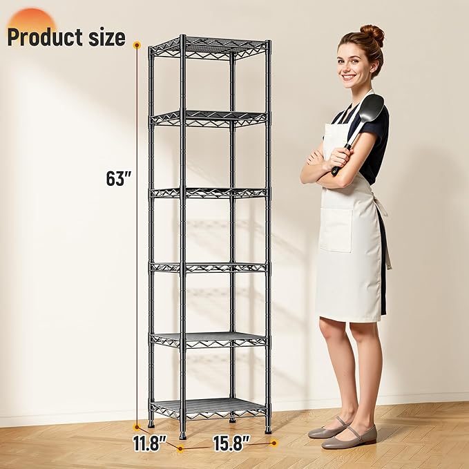 6 Wire Shelving Metal Shelves Storage Rack:Adjustable Storage Shelves Standing Shelf Units and Narrow Shelf for Laundry Bathroom Kitchen Pantry Closet Office 15.8" w*11.8" D*63" H