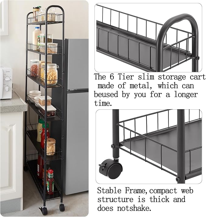 6in 6 Tier Slim Storage Cart with Wheels, Narrow Space Rolling Shelving Unit with Handle, Metal Wire Mobile Organizer Rack for Kitchen Bathroom Office Laundry