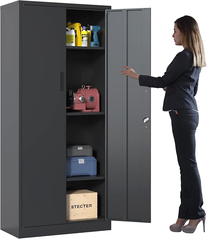 BIZOEIRON Metal Storage Cabinet with Adjustable Shelves, Garage Tool Cabinet with 2 Lockable Doors for Office, Home, Garage, Require Assembly, Black