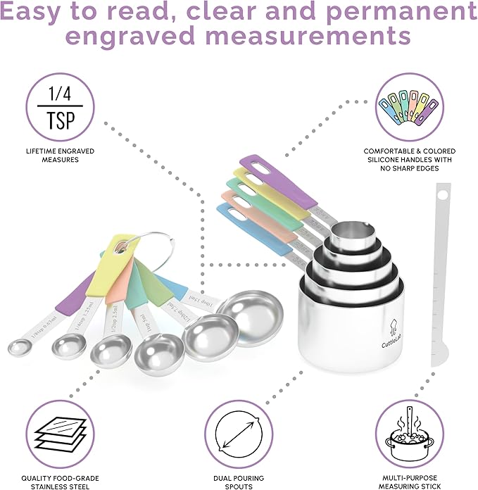 CuttleLab Measuring Cups and Measuring Spoons Set of 14 - Stainless Steel Measuring Cups and Spoons Set, Includes 1/8 Teaspoon Measuring Spoon, 1/8 Cup Measuring Cup, Leveler Dry (14,Cotton Candy)