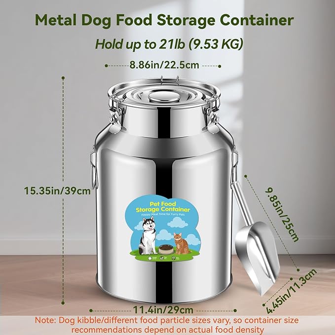 Newget 21lb Stainless Steel Dog Food Storage Container, Metal Pet Storage Container with Airtight Hangable Lid to Keep Food Fresh, Large Cat Food Storage Container with Scoop to Easily Clean