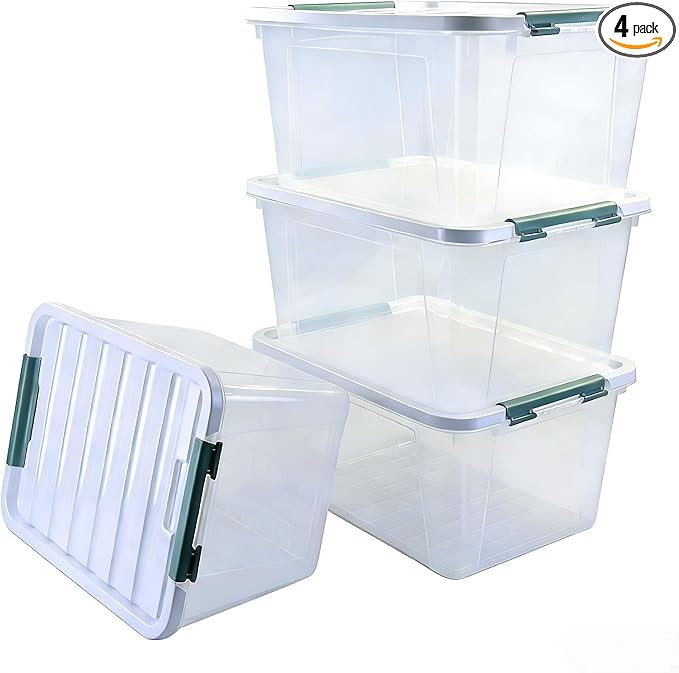 4-Pack Latching Lid Box, Large Clear Plastic Storage Bins, 35 Quart, Green Latch, Stackable Container Boxes for Home, Bathroom, Kitchen and Office Organization