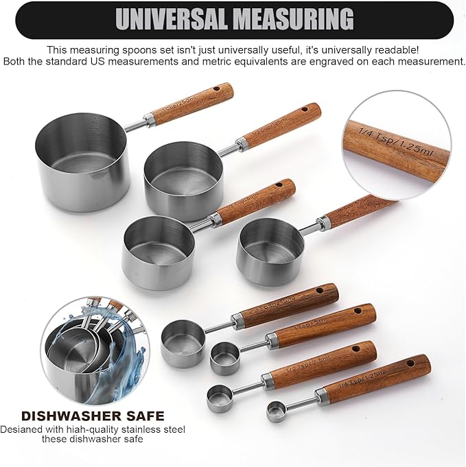 SHIKORI Gold Measuring Cups and Spoons Set with Wood Handles, Premium Stainless Steel Measuring Spoons and Measuring Cups Set-Silver