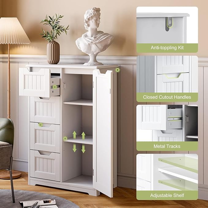 Gizoon Small Pantry Storage Cabinet with Door and Shelves, 33'' Kitchen Pantry Freestanding Wooden Bathroom Storage Cabinet with 4 Drawers for Kitchen and Dining Room, White
