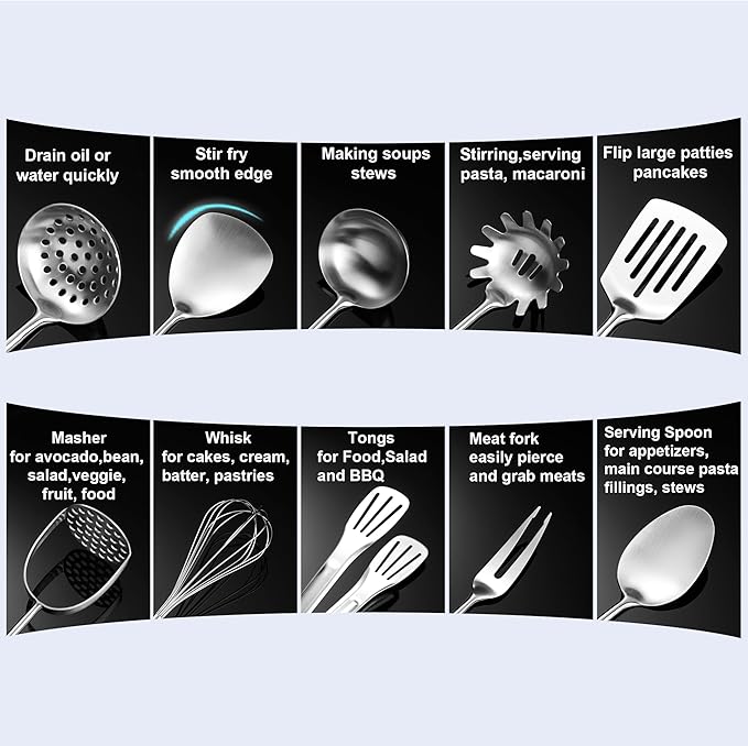NIITAWH Stainless Steel Kitchen Utensils 12 Pcs, Small Cooking Utensils Set,Spatulas,Ladle,Skimmer,Tunners,Serving Spoon,Spaghetti Spoon,Fork,Potato Masher,Egg Whisk,Tongs,Dishwasher Safe