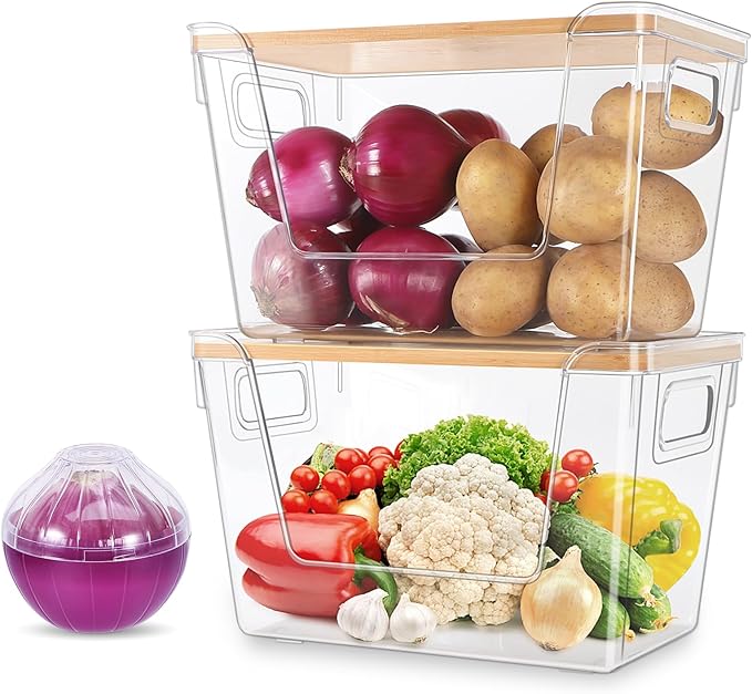 2 Set Kitchen Pantry Organizers and Storage Bins with A Fridge Onion Saver for Onion, Potato, Fruit, Produce, Vegetable Storage, Stackable Trash Bag Holder