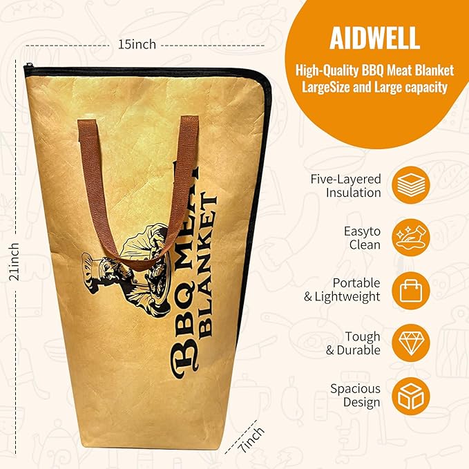 AiDwell BBQ Blanket for Resting Meat 22''Smoker Meat Resting Blanket, Reusable Smoker Grilling Meat Insulated Resting Bag with Wide Mouth,Gifts for Men Him Dad for Large Brisket/Pork Shoulders/Turkeys