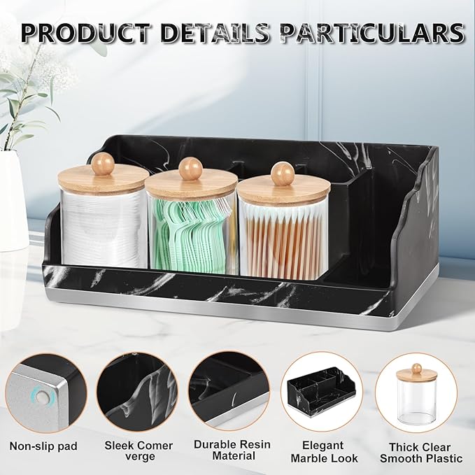 TuCao Marble Bathroom Countertop Organizer, Toothbrush Holders for Bathroom with 3PCS Qtip Holder Dispenser and Toothpaste Holder Drainage for Bathroom Accessories Organization Counter Vanity Storage