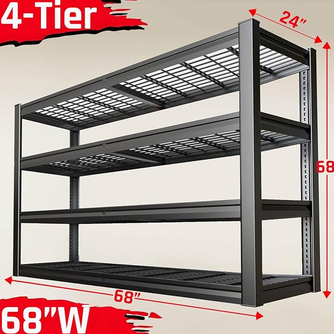 68" Wide Heavy Duty Garage Shelving Units, 4-Tier Deep Storage Shelves,Black Metal Garage Shelves,Steel Shelf,Large Storage Rack,Industrial Shelving for Shop, 68" W x 24" D x 68" H