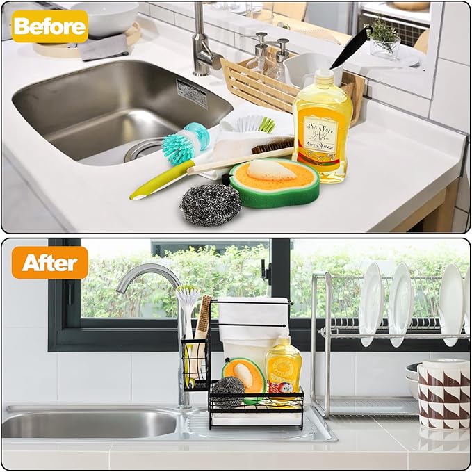 Kitchen Sink Caddy with 3 Dishcloth Drying Racks, Sponge Holder Rag Stand with Drain Pan, Metal Sink Storage Organizer with Removal Basket for Brush, Towel, Scrubber, Dish Rag, Black