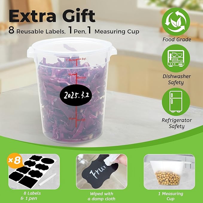 BIEAMA 4 Pack Round Food Storage Containers with Lids, 8Qt Translucent Commercial Food Container, Polypropylene, BPA Free, Includes Labels & Measuring Cups