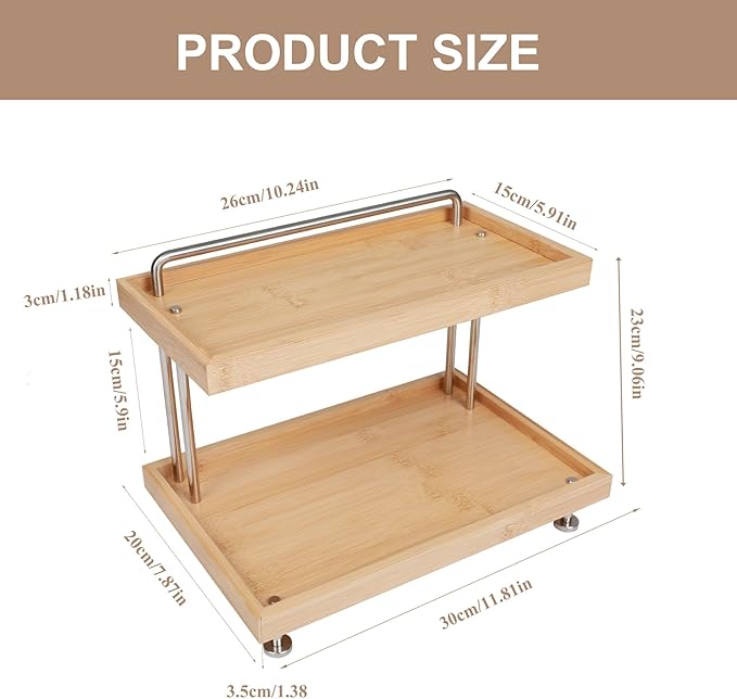 HYNAWIN Bamboo Two-Tier Storage Rack，Tabletop Storage Organizer for Kitchen, Bathroom, Office, and Home Use