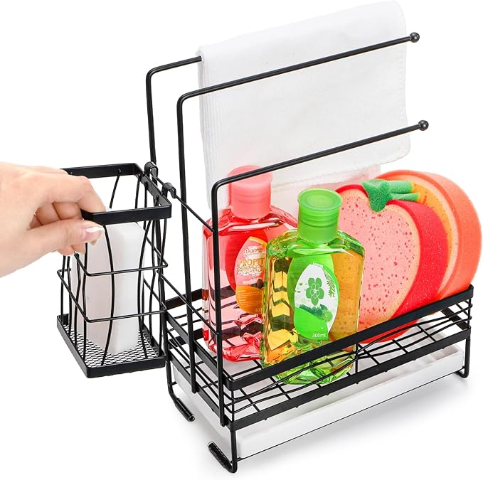 Kitchen Sink Caddy with 3 Dishcloth Drying Racks, Sponge Holder Rag Stand with Drain Pan, Metal Sink Storage Organizer with Removal Basket for Brush, Towel, Scrubber, Dish Rag, Black
