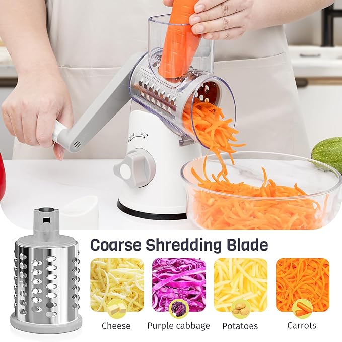 Nexsujo Rotary Cheese Grater Hand Crank, 3 Blades Slicer Shredder, Cheese Grater for Kitchen, Multi-Functional Kitchen Tool for Vegetables, Nuts, Chocolate, with Strong Suction Base, White