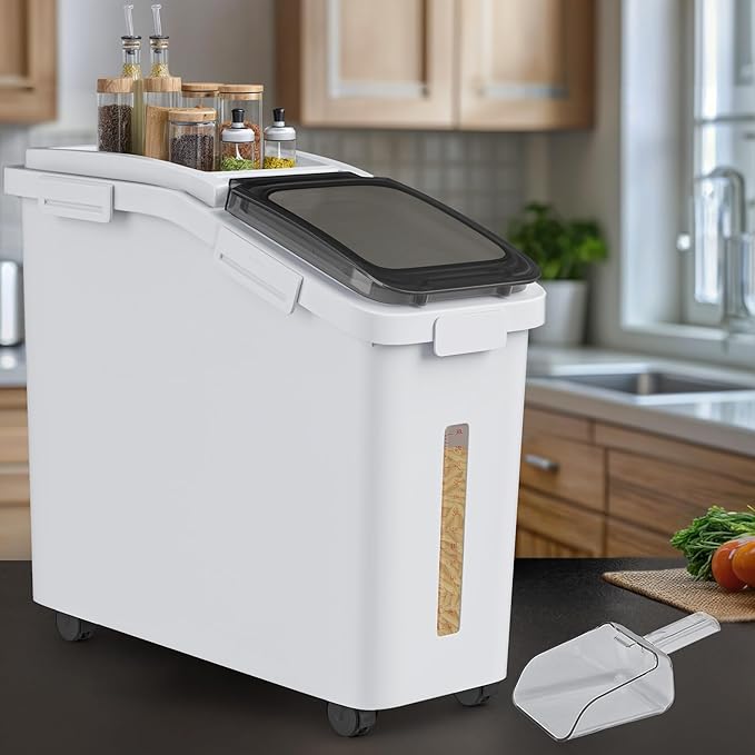 YITAHOME Large Flour Storage Container Ingredient Bins, 11.4-Gallon Rice Food storage Containers Bins with Wheels, Scoop and Airtight Lid for Bulk Rice, Cereal Grain, Sugar, White