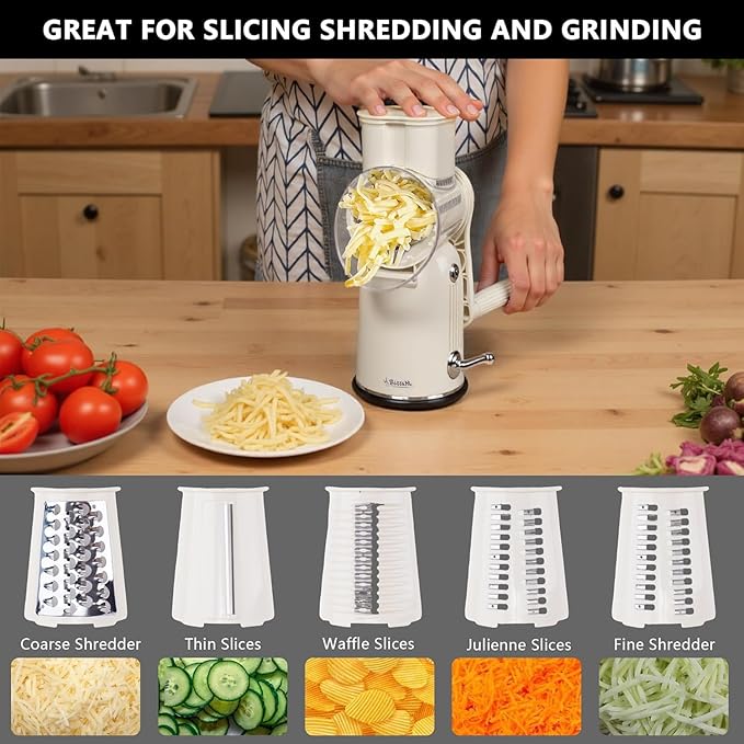 SLEEKDR 5 in 1 Rotary Cheese Grater Vegetable Slicer with Handle - Upgraded Hand Crank Cheese Grater with Handle and Strong Suction Base, Multi-Purpose Vegetable Slicer with 5 Well-Designed Blades