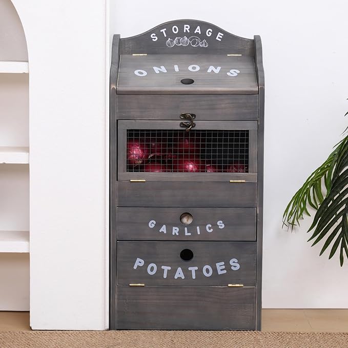 ARTAWEIN Potato Storage Bin Wall-mountable Potato Box with Lid Rustic and Garlic Drawer Onion Organizer with Grocery Section Decorative Vegetable Organization Cabinet for Kitchen