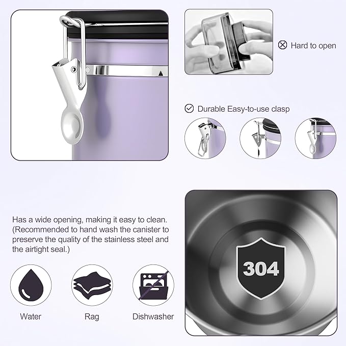 ShanSon Coffee Canister Airtight Coffee Container Stainless Steel Coffee Bean Storage Container with Scoop Coffee Canister for Beans Grounds Sugar Flour Tea Cereal,11OZ, Purple