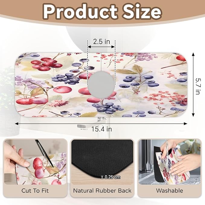 Watercolor Berry Cluster Kitchen Faucet Mat Splash Guard, 15.4”x5.7” Absorbent Quick Drying Sink Mat for Countertop Protection, Draining Mat Sink Protectors For Kitchen Bathroom, 2 Pack
