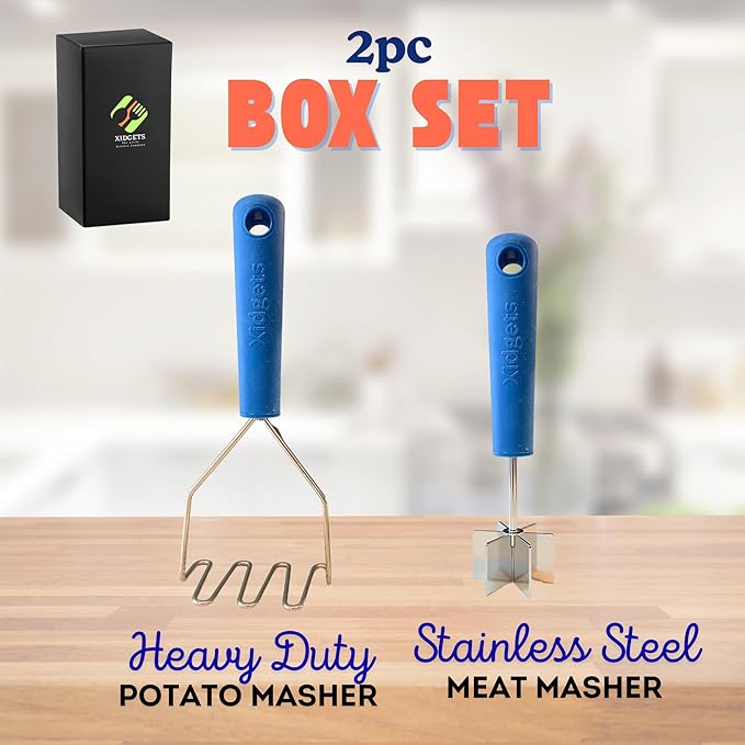 2pc Box Set - Stainless Steel Meat Masher & Large Potato Masher with Soft Grip Handle – Heavy Duty Handle & Mashing Head for Ground Beef, Meat, and More – Dishwasher Safe (Lagoon Blue/Lagoon Blue)