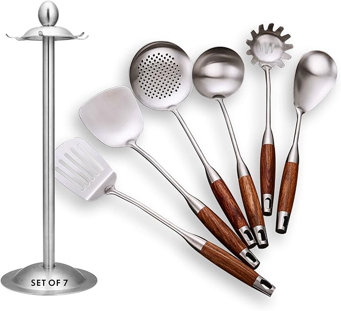 GXONE Cooking Utensils Set,7pcs 304 Stainless Steel Kitchen Utensils Set with Holder,Heat Resistant Wooden Handle Kitchen Tools