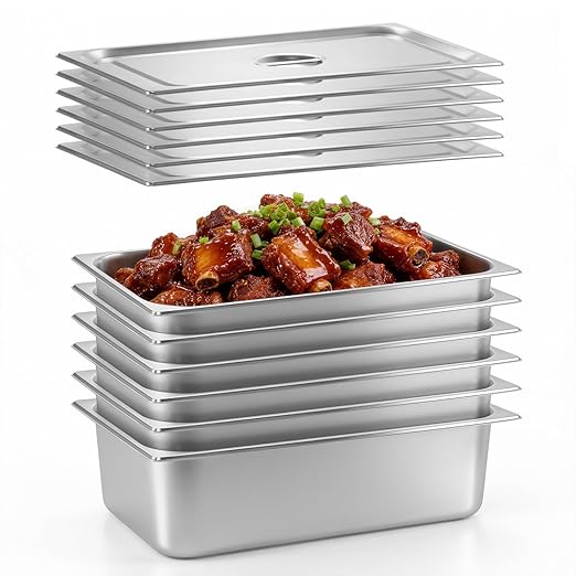 Dyna-Living 6 Pack Hotel Pans Full Size, 6 Inch Deep Stainless Steel Steam Table Pan with Lids Anti Jam Stackable Commercial Food Pans for Buffet Hotel Home Restaurant Party Catering Supplies