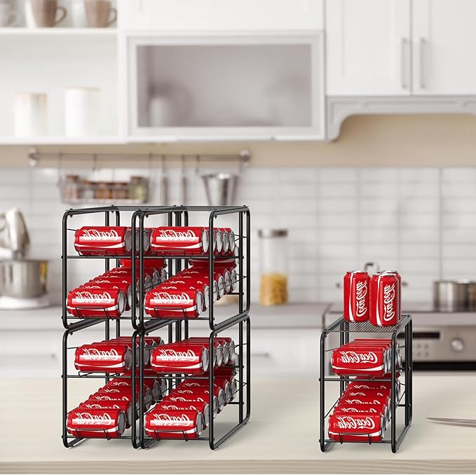 MOOACE 4 Pack Can Organizer for Pantry, Stackable Soda Can Dispenser Rack, Pantry Organizer Canned Food Storage Holder for Kitchen Refrigerator Cabinet, Black