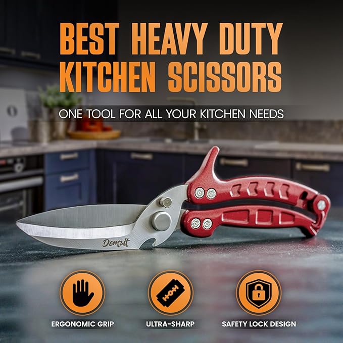Heavy Duty Poultry Shears - A Must Have chicken processing equipment, Kitchen Scissors for Meat, Chicken, Turkey, and Vegetables - Non-Slip Handle, Safety Lock, Dishwasher Safe