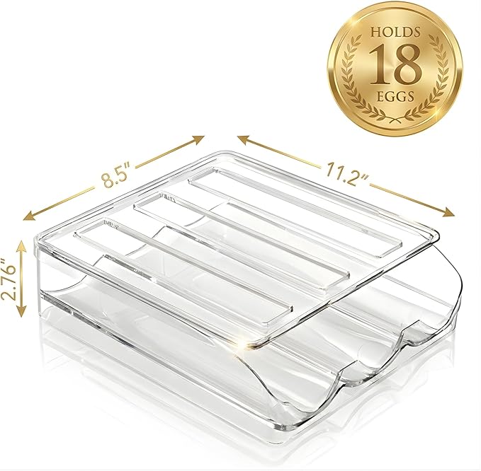 Egg Holder for Fridge, Automatic Rolling Egg Organizer, Clear Plastic Stackable Egg Container with Lid, Space-Saving Refrigerator Egg Dispenser Tray, 2-Tier Design