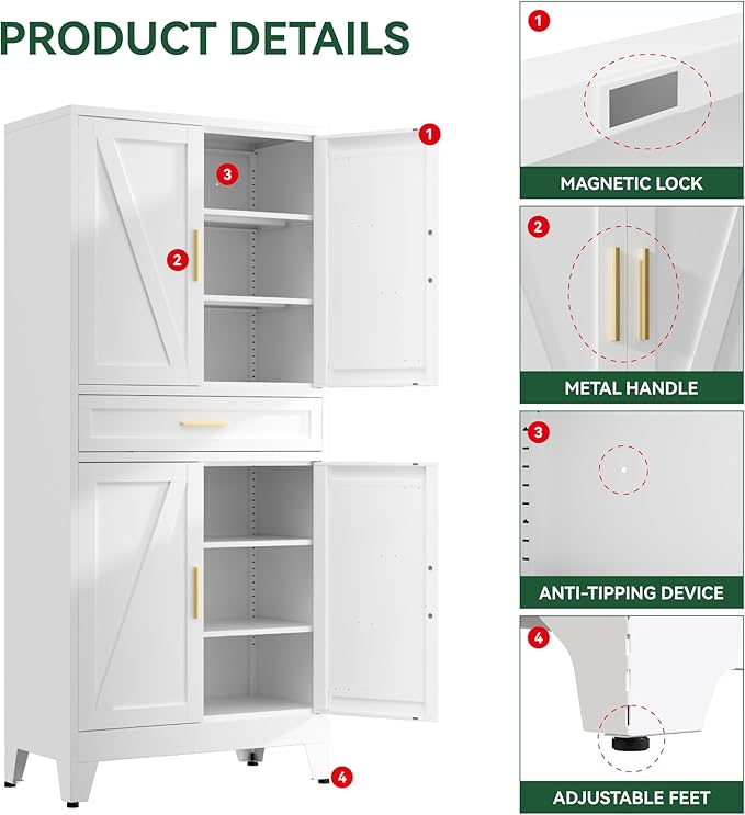 YNIQUESTLE 71" Tall Farmhouse Pantry Cabinet,Metal Cabinet with Adjustable Shelves and Drawer,Storage Cabinet for Kitchen Dining Room Garage,White