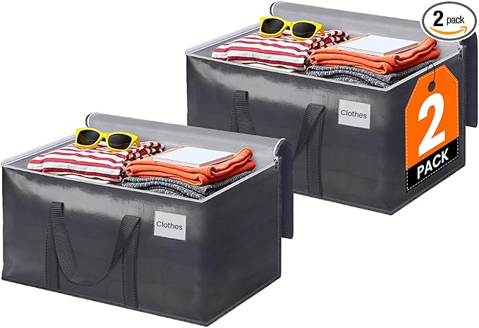 2 Pack Moving Bags Heavy Duty, Moving Boxes, Storage Bags with Zipper & Handles & Tag for College & Dorm Moving Supplies Grey Laundry Hamper Bag, Foldable Space-saving Totes (76L, Grey)