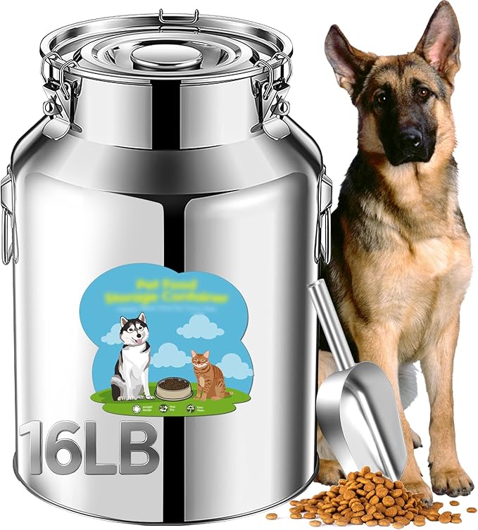 Newget 16lb Stainless Steel Dog Food Storage Container, Metal Pet Storage Container with Airtight Hangable Lid to Keep Food Fresh, Large Cat Food Storage Container with Scoop to Easily Clean
