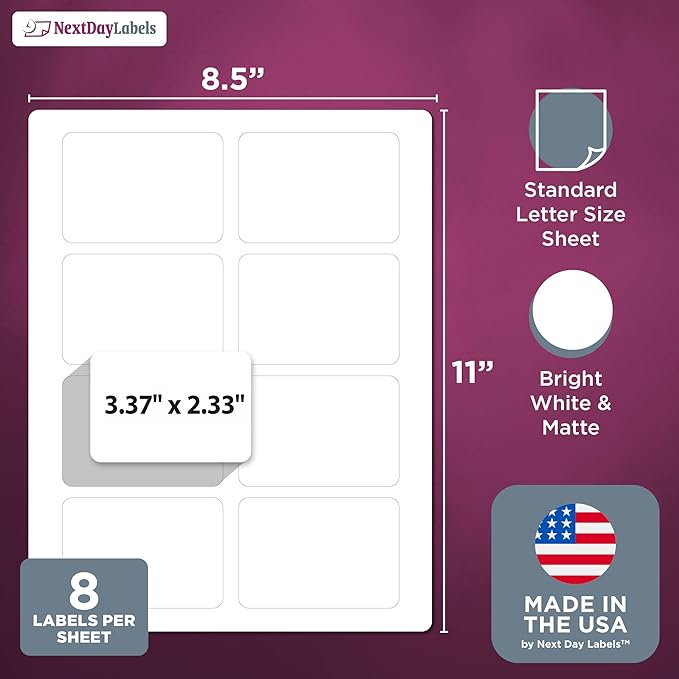 NextDayLabels 3.38x2.33 Inch Rectangle Stickers White Blank Labels for Laser Inkjet Printer - 8 Per Sheet Self-Adhesive Shipping Address Mailing Made in USA - 4000 Labels